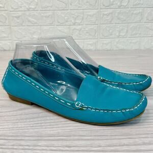 Westies Vtg Loafer Womens 8 Teal Leather Flat Slip On Round Toe White Stitching